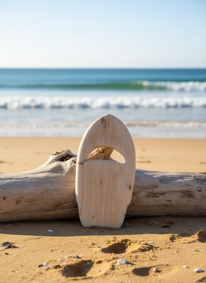 Wooden surfboard blank on beach